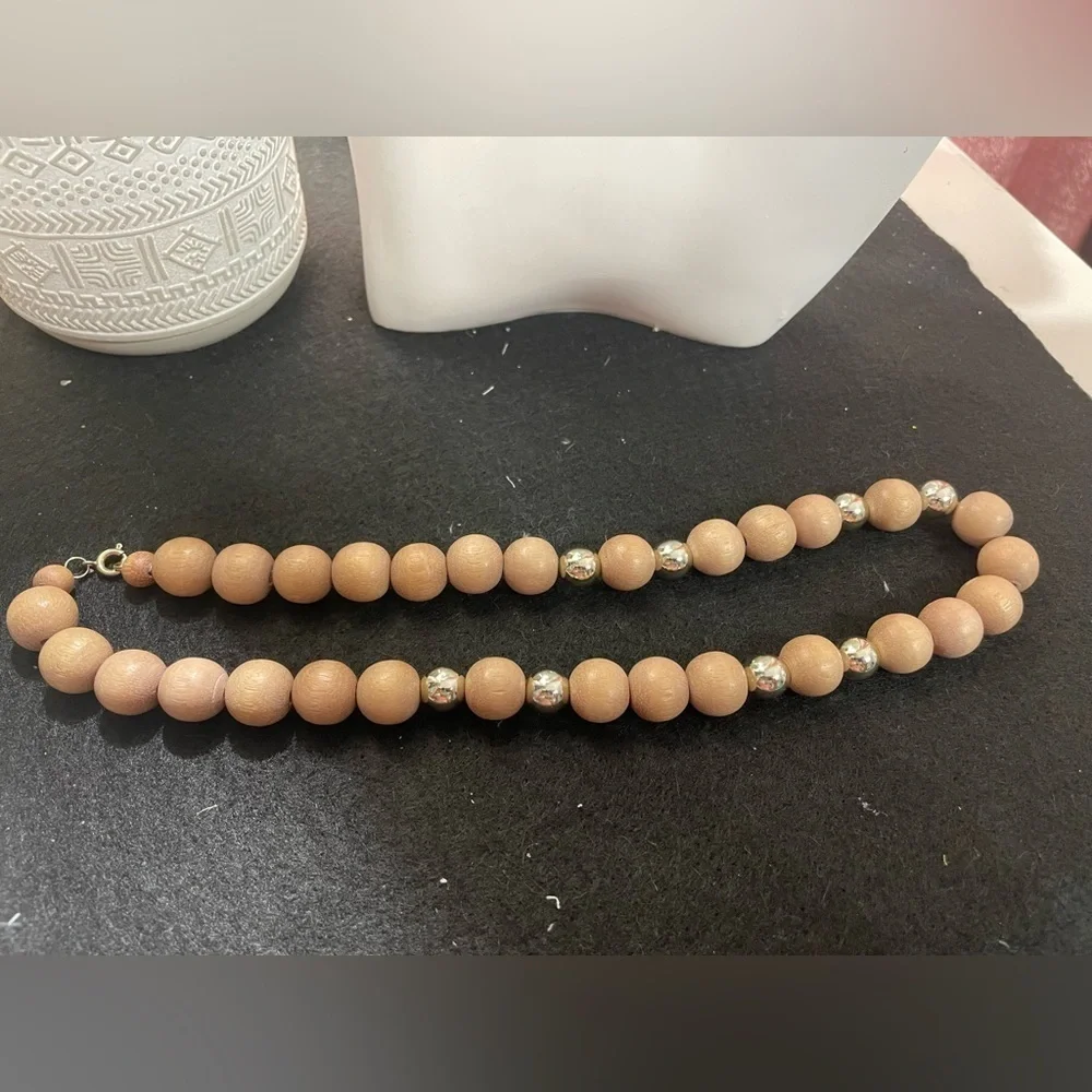 Medium Wooden and Gold Beaded Necklace Handcrafted Jewelry